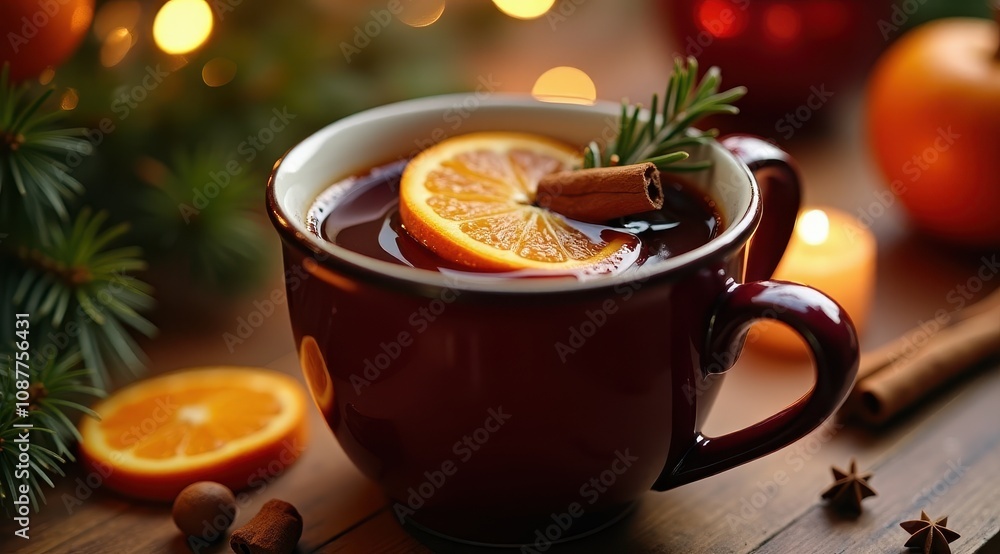 A warm, festive mug of mulled wine garnished with sliced orange, cinnamon, and greenery, surrounded by soft candlelight and seasonal decorations A warm, festive mug of mulled wine garnished with sliced orange, cinnamon, and greenery, surrounded by soft candlelight and seasonal decorations