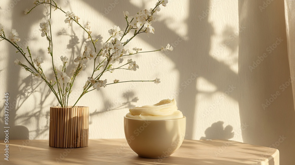 Fototapeta premium Jasmine-infused body butter in a ceramic pot, styled with natural light and decorative bamboo props