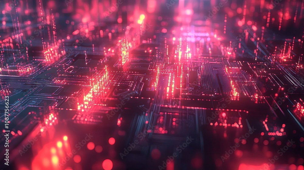 Abstract Digital Art: Glowing Circuitry Network