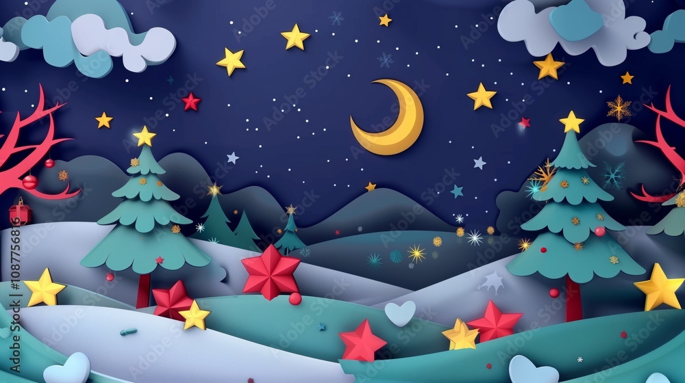 A serene Christmas scene with stylized trees, snowy hills, decorative stars, and a glowing crescent moon in a navy sky. A serene Christmas scene with stylized trees, snowy hills, decorative stars, and a glowing crescent moon in a navy sky.