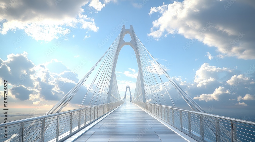 A modern suspension bridge stretches towards a bright sky with fluffy clouds. A modern suspension bridge stretches towards a bright sky with fluffy clouds.