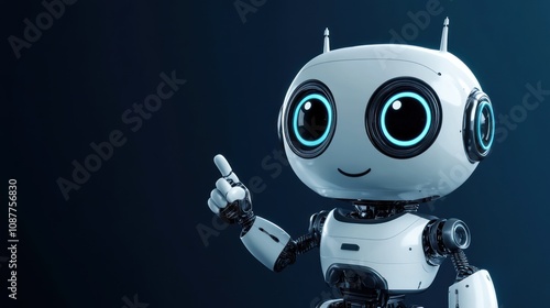 A friendly robot character with large eyes and a raised finger, suggesting interaction.