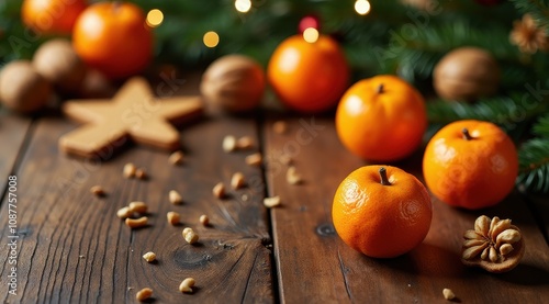 Juicy tangerines and walnuts on a rustic wooden table create a warm, festive atmosphere with a backdrop of twinkling lights and evergreen branches