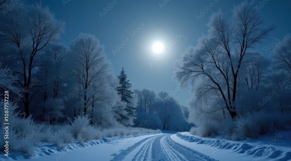 A peaceful snowy path illuminated by the full moon, surrounded by bare winter trees in a tranquil setting A peaceful snowy path illuminated by the full moon, surrounded by bare winter trees in a tranquil setting