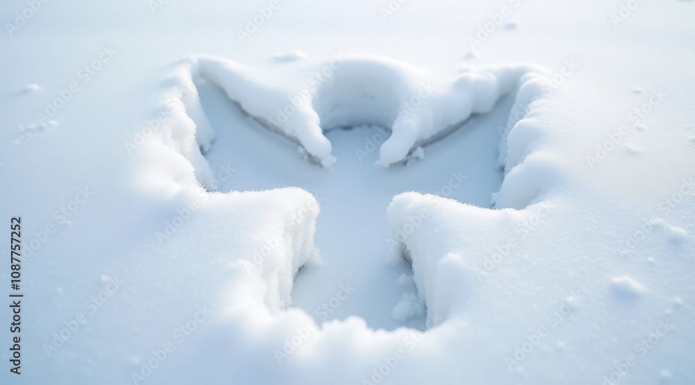 Close-up of a detailed snow angel impression on a smooth, untouched snowy surface, symbolizing winter fun Close-up of a detailed snow angel impression on a smooth, untouched snowy surface, symbolizing winter fun