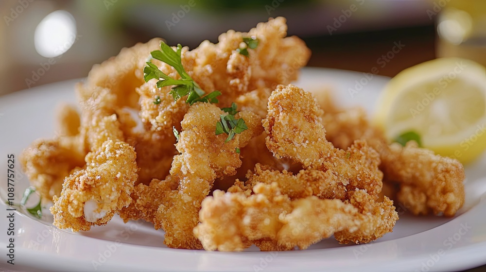 Crispy Fried Seafood with Lemon Wedge - Appetizing Food Photography Crispy Fried Seafood with Lemon Wedge - Appetizing Food Photography