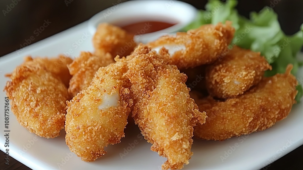 Crispy Breaded Seafood Appetizer on a White Plate Crispy Breaded Seafood Appetizer on a White Plate