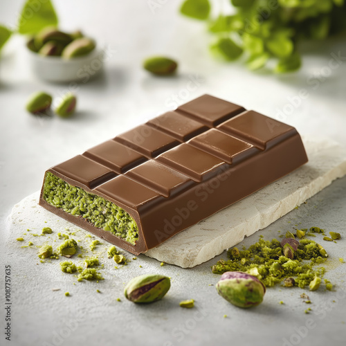 milk chocolate bar filled with vibrant green pistachio paste. The chocolate is placed on a light textured surface with scattered pistachios and greenery in the blurred background