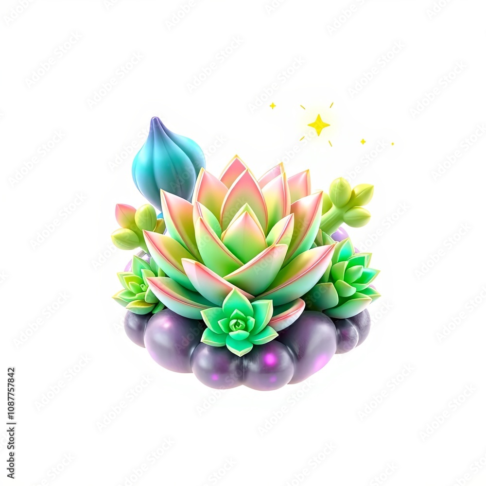 Obraz premium Enchanted Succulent Icon Holographic Overlay with Playful Glowing-Rune Aesthetic for Digital Art and Design