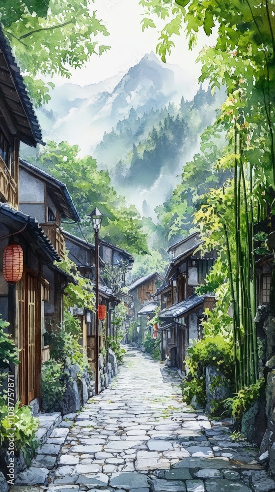 Obraz premium Serene bamboo forest path in traditional village setting
