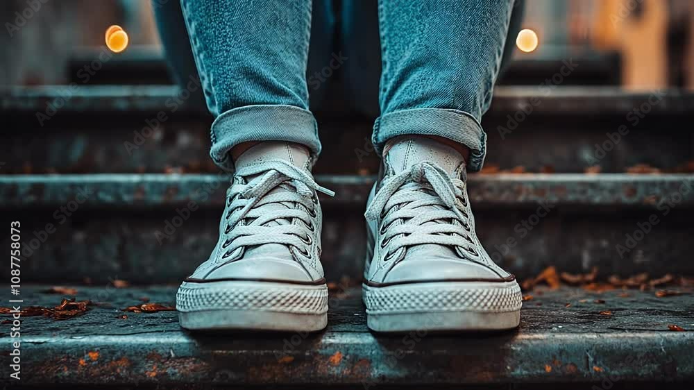 Casual Outdoor Moment Showing a Person Sitting on Steps Wearing White Sneakers in a Scenic Location During Autumn Casual Outdoor Moment Showing a Person Sitting on Steps Wearing White Sneakers in a Scenic Location During Autumn