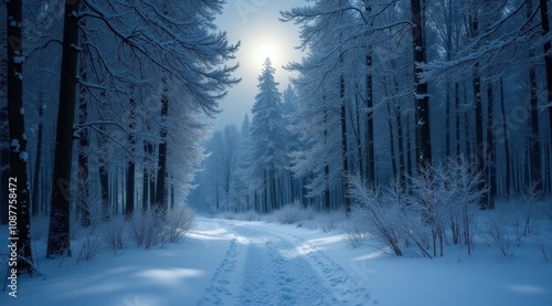 A peaceful snowy path illuminated by the full moon, surrounded by bare winter trees in a tranquil setting