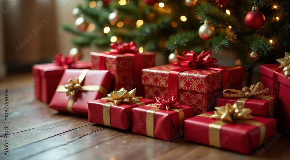 Red and gold gift boxes with bows sit under a decorated Christmas tree with glowing lights on a wooden floor Red and gold gift boxes with bows sit under a decorated Christmas tree with glowing lights on a wooden floor