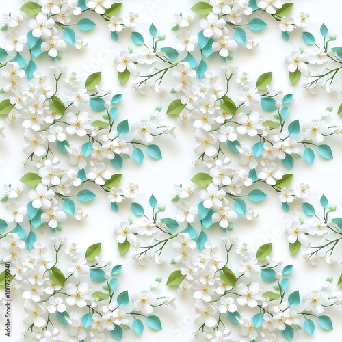 Seamless pattern of white blossoms and green leaves