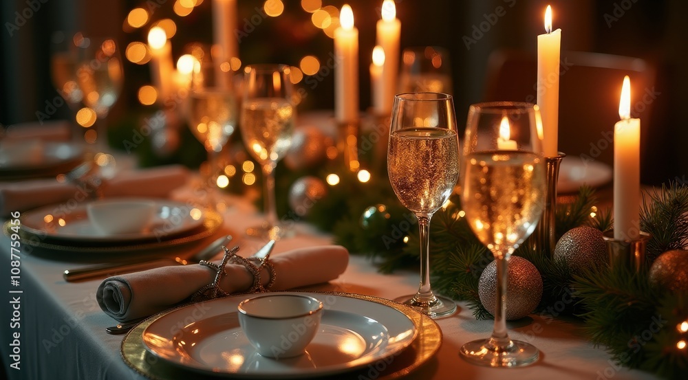 Elegant holiday dinner table set with sparkling champagne glasses and festive decorations, surrounded by candlelight ambiance Elegant holiday dinner table set with sparkling champagne glasses and festive decorations, surrounded by candlelight ambiance