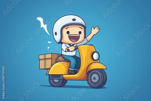 Cheerful delivery person on scooter with package illustration