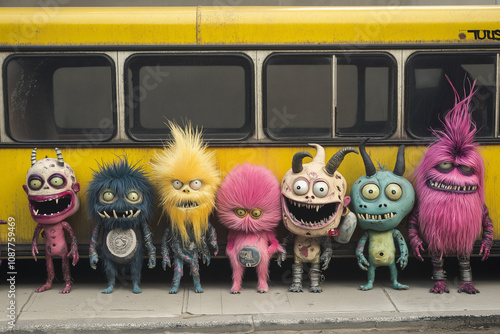 A group of junkie alien monsters waiting in line buy the bus during a night