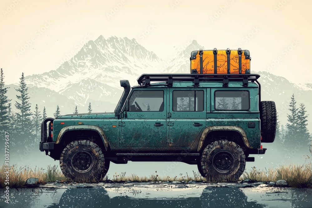 Obraz premium Off-road vehicle in a scenic mountain night landscape illustration