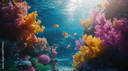 A colorful coral reef underwater scene, showcasing a diverse array of marine life swimming among vibrant corals, creating a captivating view of ocean life.