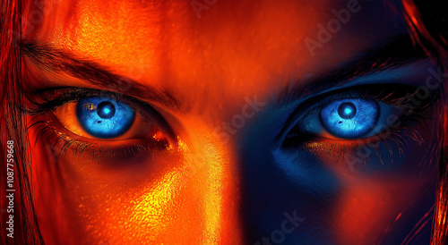 Close dos cativantes olhos azuis de uma mulher iluminados por uma vibrante iluminação laranja e azul. photo