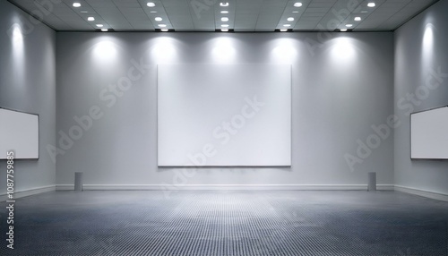 A modern, empty gallery interior with white walls and spotlights on a plain background, concept of an exhibition space. 3D Rendering