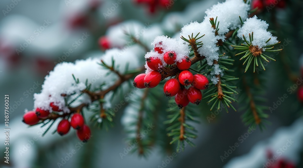 Snow-covered pine branches adorned with red berries in a tranquil winter forest Snow-covered pine branches adorned with red berries in a tranquil winter forest