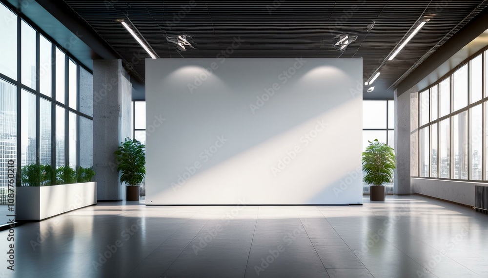 An empty modern office interior with a large white mockup wall, concrete and glass elements, light-filled room, concept of space for branding. Generative AI An empty modern office interior with a large white mockup wall, concrete and glass elements, light-filled room, concept of space for branding. Generative AI