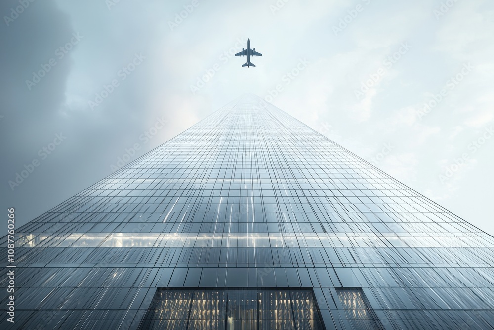 Fototapeta premium Modern skyscraper rising under a clear sky with airplane