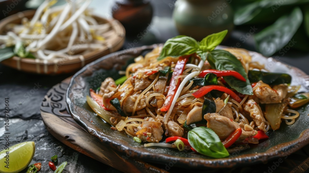A mouthwatering platter of Thai pad kee mao, stir-fried drunken noodles with chicken A mouthwatering platter of Thai pad kee mao, stir-fried drunken noodles with chicken