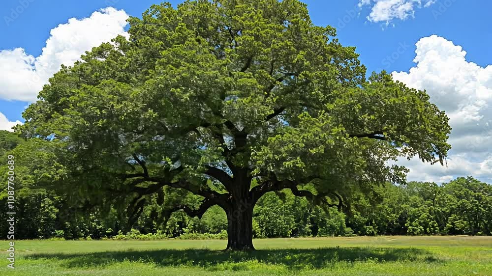 A Majestic Oak Tree Stands Alone in a Lush Green Field Under a Bright Blue Sky on a Sunny Summer Day A Majestic Oak Tree Stands Alone in a Lush Green Field Under a Bright Blue Sky on a Sunny Summer Day