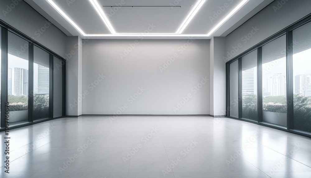 Blank light wall and white floor in empty hall room with led light on top. Mockup Blank light wall and white floor in empty hall room with led light on top. Mockup