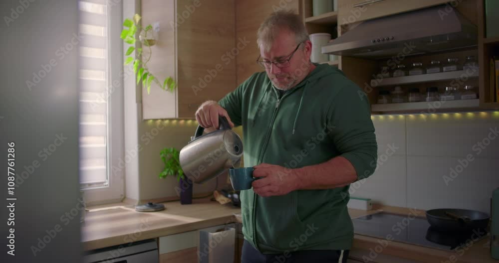 Man pouring hot water into blue mug, preparing tea or coffee in kitchen, morning domestic routine, casual home lifestyle, modern kitchen with natural light Man pouring hot water into blue mug, preparing tea or coffee in kitchen, morning domestic routine, casual home lifestyle, modern kitchen with natural light