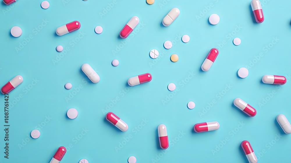 Colorful Pills and Tablets on Blue Background - Healthcare and Medicine Concept Colorful Pills and Tablets on Blue Background - Healthcare and Medicine Concept
