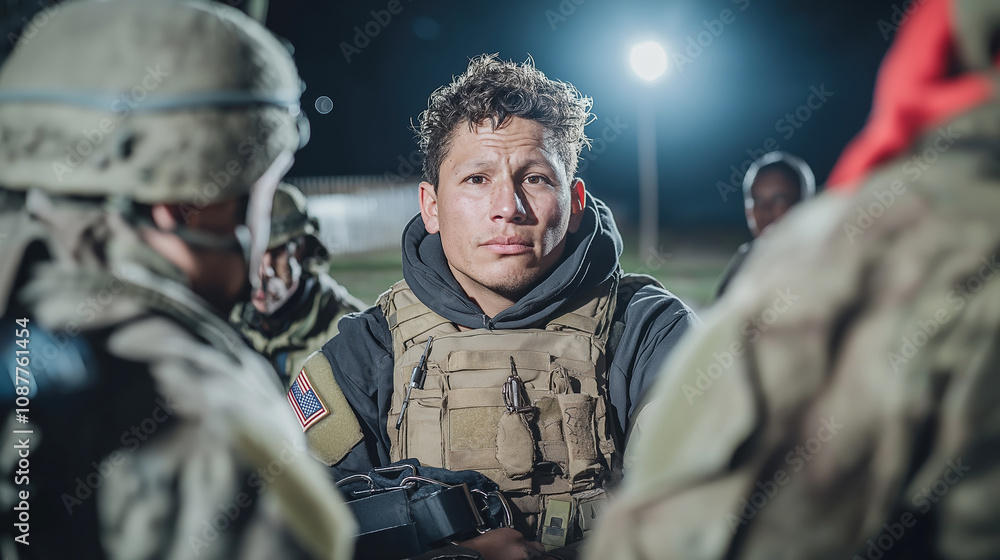 Migrant in military gear at night border patrol scene Migrant in military gear at night border patrol scene