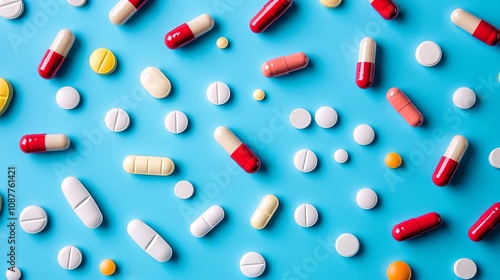 Colorful Pills and Tablets on Blue Background: Medical and Healthcare Concept