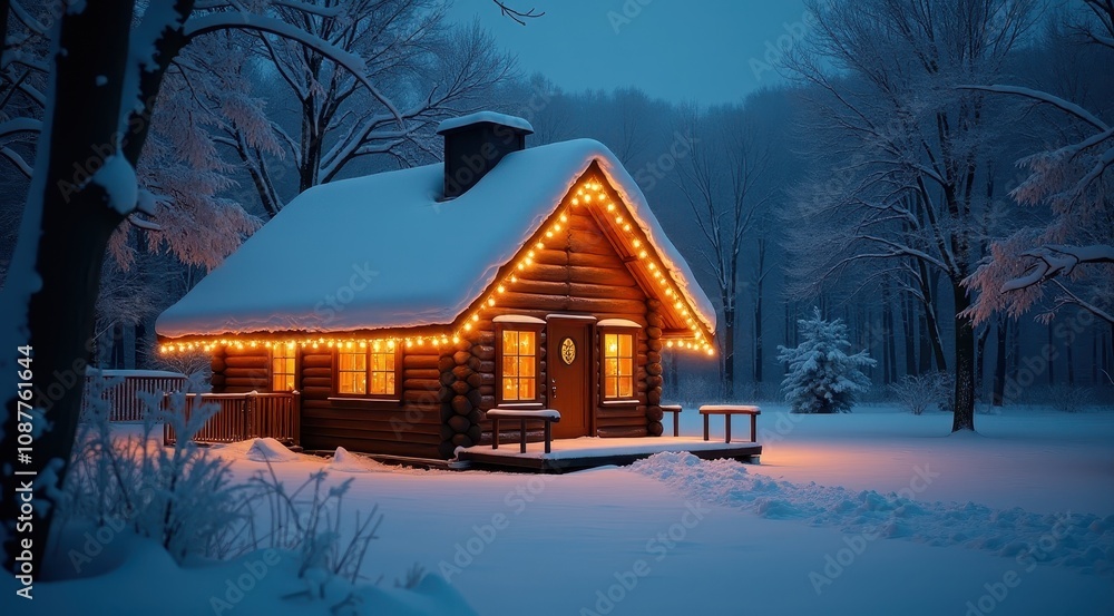 Cozy cabin in the snow with glowing lights and warm holiday decorations on a winter night Cozy cabin in the snow with glowing lights and warm holiday decorations on a winter night