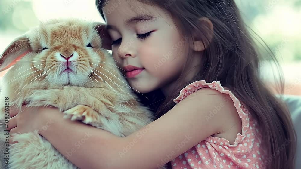 Young Girl Lovingly Embraces a Fluffy Rabbit on a Sunny Afternoon in a Cozy Home Setting Young Girl Lovingly Embraces a Fluffy Rabbit on a Sunny Afternoon in a Cozy Home Setting