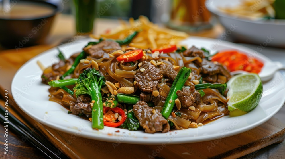 A mouthwatering platter of Thai pad see ew, stir-fried rice noodles with chicken A mouthwatering platter of Thai pad see ew, stir-fried rice noodles with chicken