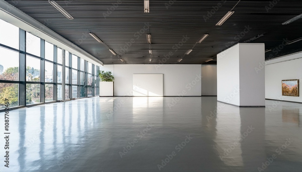 Fototapeta premium Modern empty art gallery with white walls and large windows.