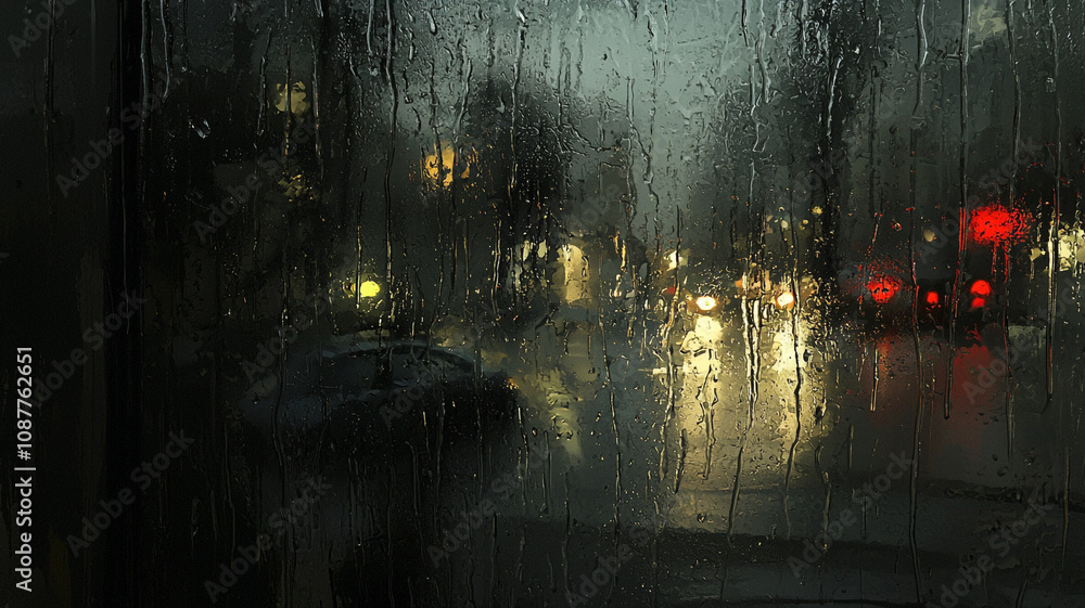 Naklejka premium Raindrops on the dark glass of public transport.