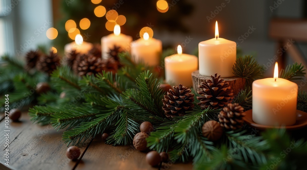 Cozy candles illuminate a festive arrangement of pine branches and pinecones on a wooden table, evoking a warm holiday atmosphere Cozy candles illuminate a festive arrangement of pine branches and pinecones on a wooden table, evoking a warm holiday atmosphere