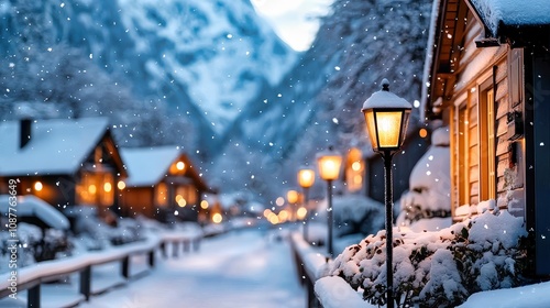 Wallpaper Mural Snow falling on cozy wooden cabins and street lamps in a winter wonderland Torontodigital.ca