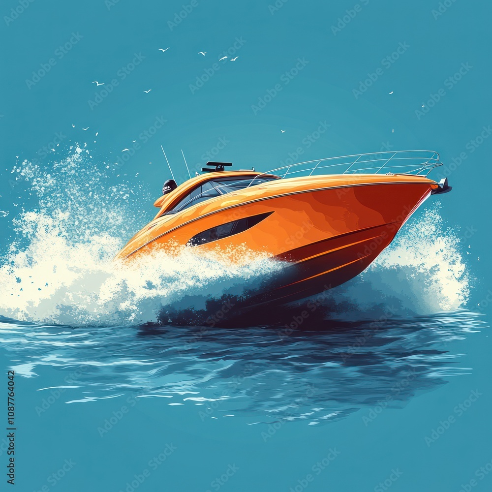 Fototapeta premium A vibrant orange speedboat splashes through blue waters, showcasing leisure and adventure.