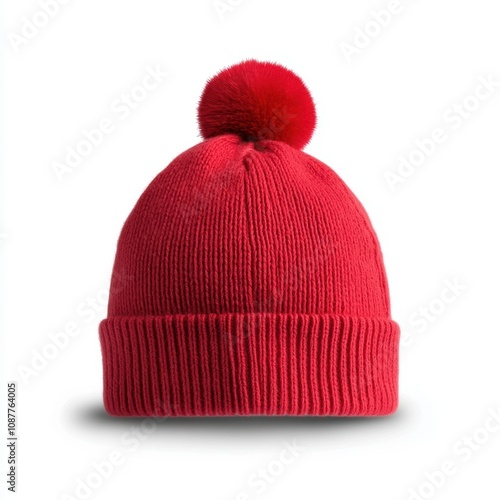 A vibrant red knitted beanie with a fluffy pom-pom on top, perfect for winter fashion, seasonal promotions, or casual wear in photography and marketing materials, photo