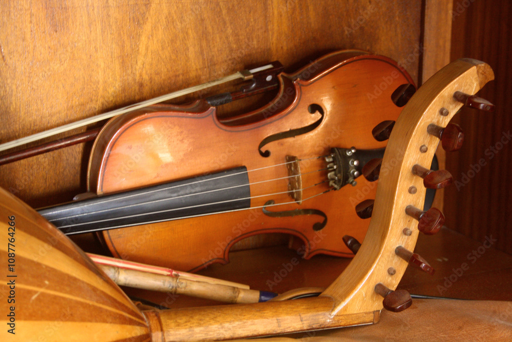 Obraz premium old violin on a wooden background
