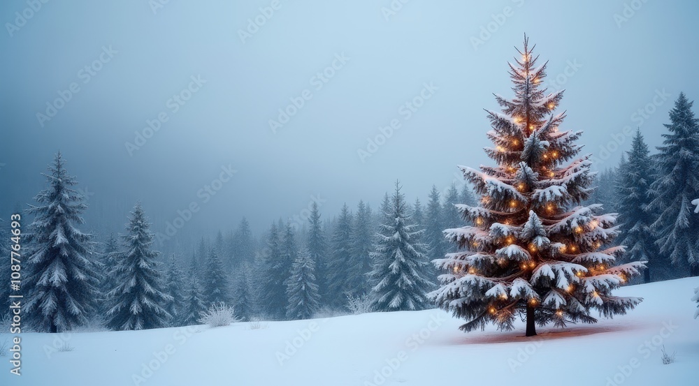Lone decorated Christmas tree glowing in a snowy field surrounded by winter pines Lone decorated Christmas tree glowing in a snowy field surrounded by winter pines