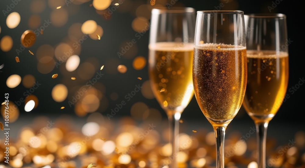 Champagne glasses with golden confetti and sparkling bubbles celebrating a festive occasion Champagne glasses with golden confetti and sparkling bubbles celebrating a festive occasion