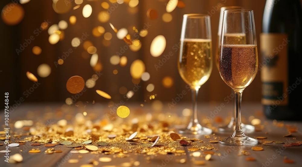 Champagne glasses with golden confetti and sparkling bubbles celebrating a festive occasion Champagne glasses with golden confetti and sparkling bubbles celebrating a festive occasion