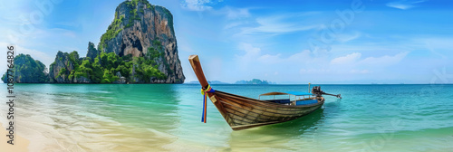 Long tail boat, asian vacation onf Thailand Islands. Tropical beach with limestone rocks. photo