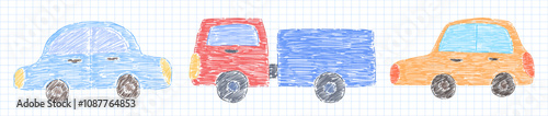 Set of cute cars drawing with crayon pencil on checkered background